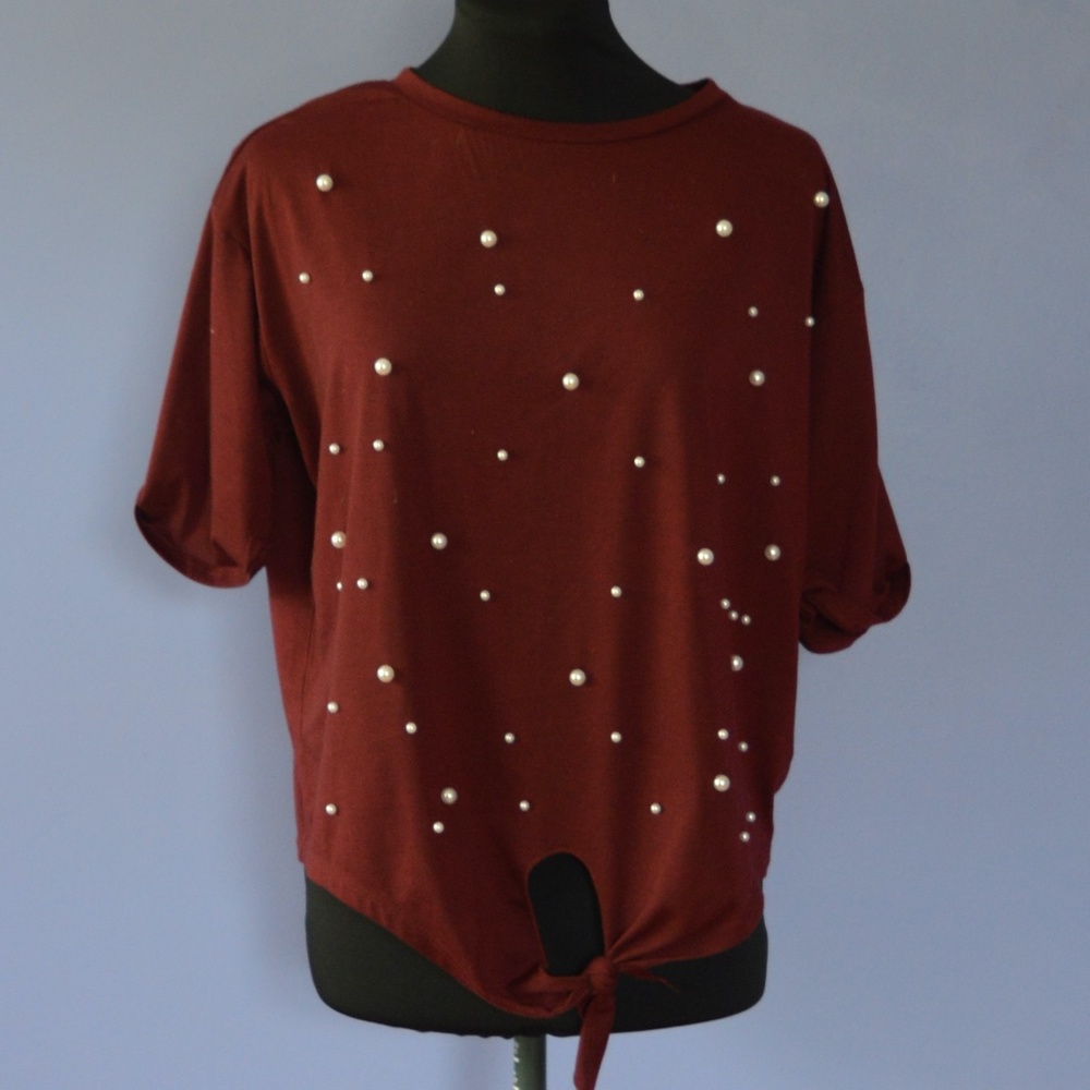 Pearl Beaded Tie Front Tee